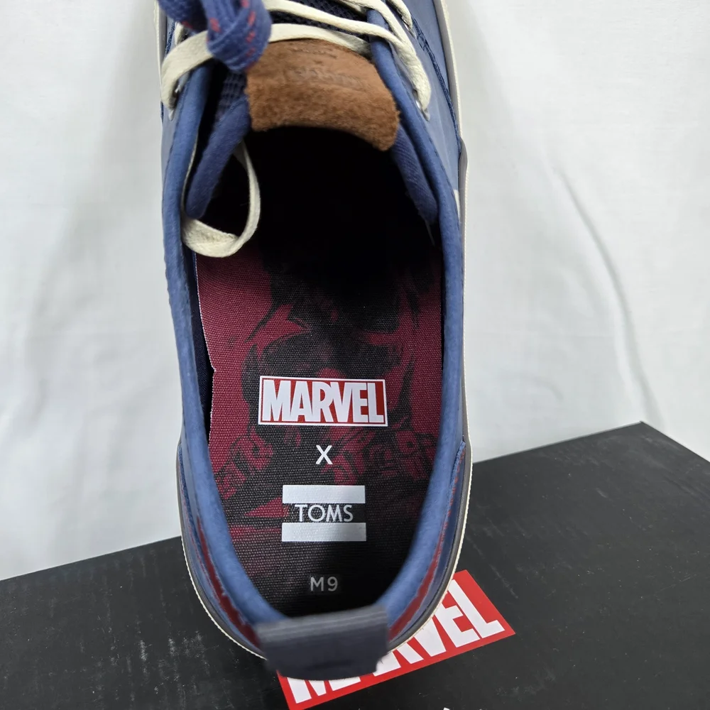 Toms x Marvel Mens Navy Captain America Leather Carlo Sneakers 9 NEW Limited Ed
